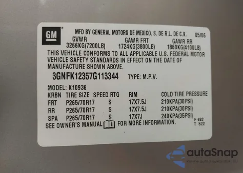 2007 Chevrolet Avalanche K1500 z USA, uszkodzony, nr VIN 3GNFK12357G113344